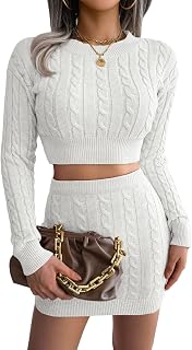 Onsoyours Women's Knitted Dress Plain Two-Piece Suit Long Sleeve Short Pullover Top and Mini Knitted Skirt Bodycon 2-Piece Set Winter Knitted Dress Jumper Dress