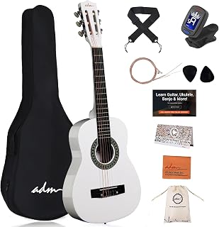 ADM Beginner Acoustic Classical Guitar Nylon Strings Wooden Guitar Bundle Kit for Kid Boy Girl Student Youth Guitarra Online Lessons with Gig Bag, Strap, Tuner, Picks (30 Inch, White)