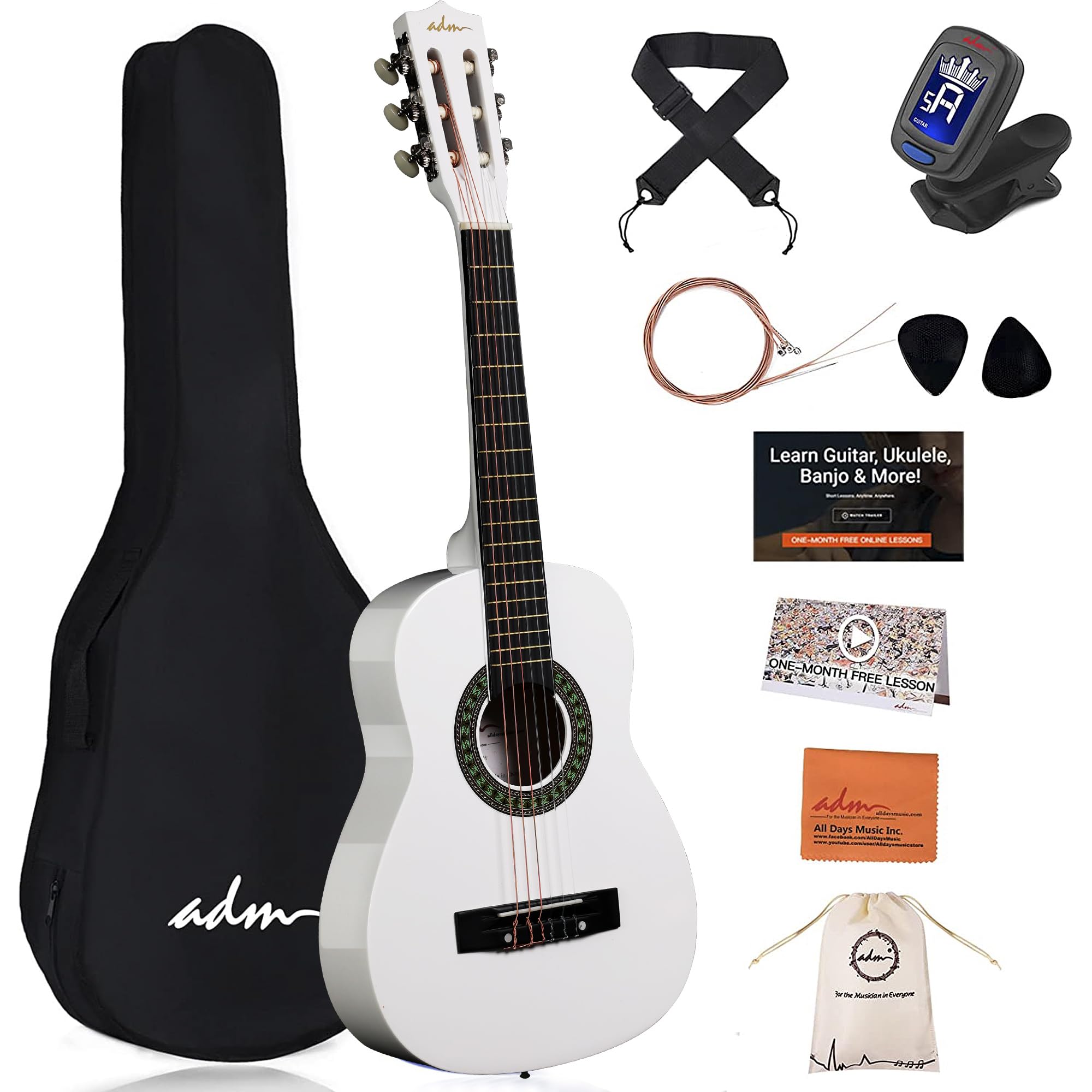 ADM Beginner Acoustic Classical Guitar Nylon Strings Wooden Guitar Bundle Kit fo