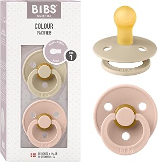 BIBS Colour Soother 2-Pack, BPA Free Dummy Pacifier, Round Nipple. Natural Rubber Latex, Size 1 (0-6 Months), Vanilla/Blush