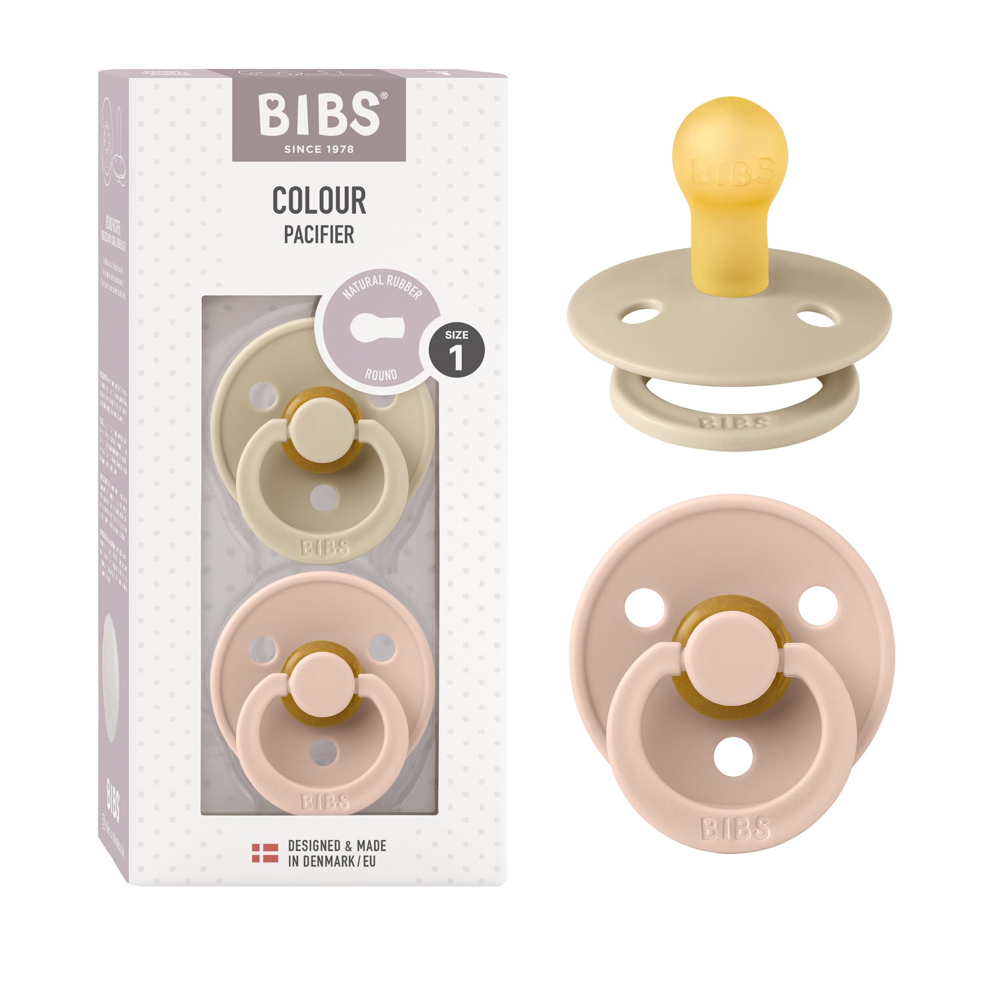 BIBS Colour Soother 2-Pack, BPA Free Dummy Pacifier, Round Nipple. Natural Rubbe