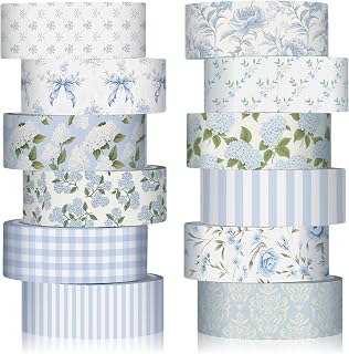 YooNotee 12 Rolls Floral Washi Tape Set,Dusty Blue,Rose and Hydrangea | Watercolor Flowers Design for Scrapbook Journal DIY Craft School Supplies, 15 mm Vintage Decorative Masking Washi Tapes