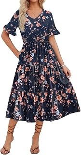 Zeagoo Women Summer Midi Dress Ruffle V Neck Floral Flowy Beach Dress Flowy Beach Dress with Pockets