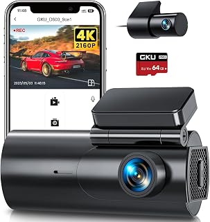 GKU 4K Dash Cam Front and Rear, 5GHz WiFi Dashcam with 64GB SD Card | Dual Car Camera Dash Cam with Parking Monitor, Night Vision,WDR,170° Wide Angle,G-Sensor,Loop Recording,APP Control,Max 256GB