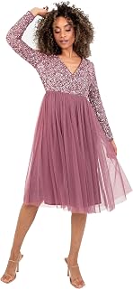 Maya Deluxe Womens Ladies Wedding Guest Midi Dress Long Sleeve Plunging Neckline V Neck Sequin Embellished Graduation Vestido de Dama de Honor para Mujer