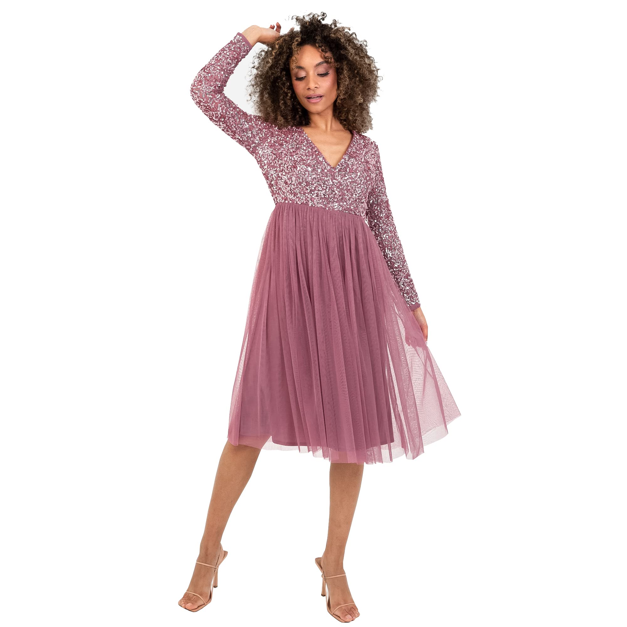 Maya Deluxe Womens Ladies Wedding Guest Midi Dress Long Sleeve Plunging Neckline