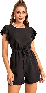Womens Crew Neck Ruffle Cap Sleeve Romper Tie Waist Shorts Jumpsuit