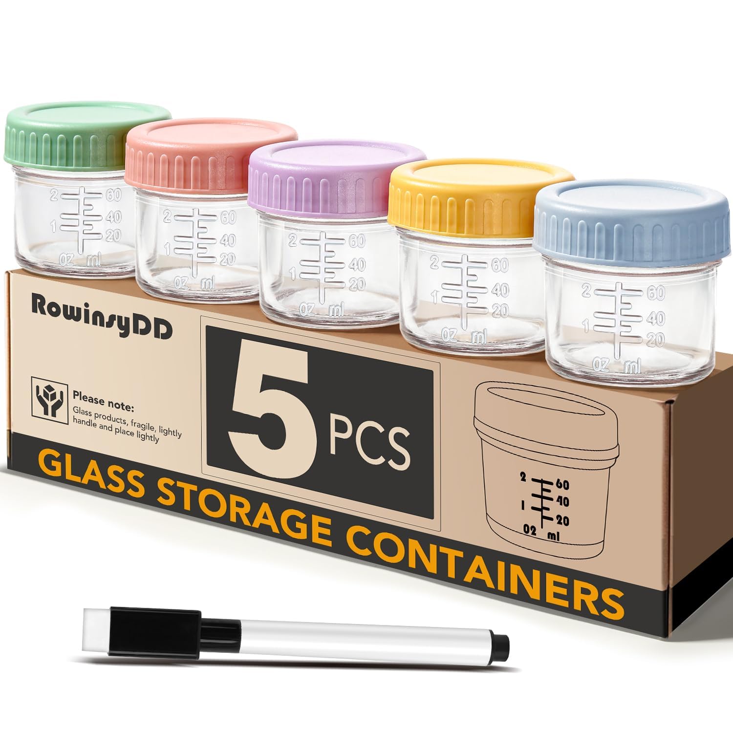RowinsyDD 5 Pack Baby Food Containers, 4 oz Glass Baby Food Jars with Lids | Bab