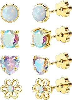 4Pairs Hypoallergenic Screw Back Earrings for Women 14k Gold Surgical Steel Flat Back Earrings Opal CZ Flower Heart Cartilage Earring for Sensitive Skin 20G Handmade Nap Flatback Earrings Studs
