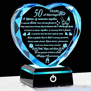 50th Wedding Anniversary Crystal Gifts for Couples Parents with Colorful LED Base Heart Romantic Happy 50th Anniversary Plaque Gift for Husband Wife 50 Years of Marriage Gifts for Her Him