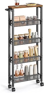 VASAGLE Slim Rolling Cart, 5-Tier Storage Cart with Handle, 13 cm Deep, Metal Frame, Narrow for Kitchen, Dining Room, Living Room, Home Office, Rustic Brown and Black ULRC034B01