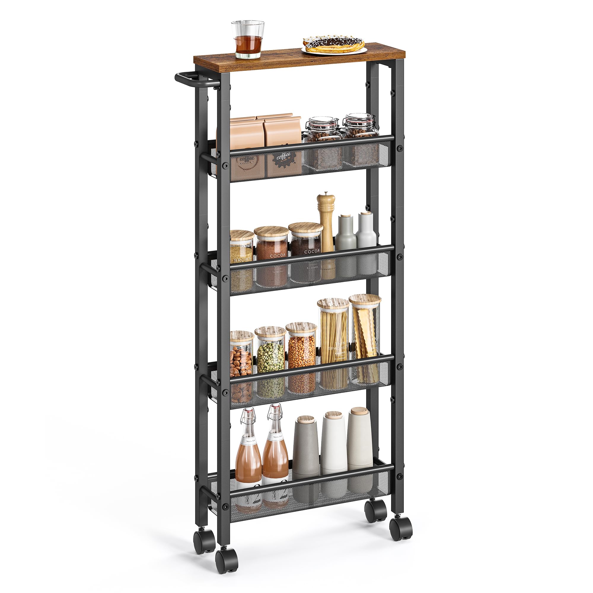 VASAGLE Slim Rolling Cart, 5-Tier Storage Cart with Handle, 13 cm Deep, Metal Fr