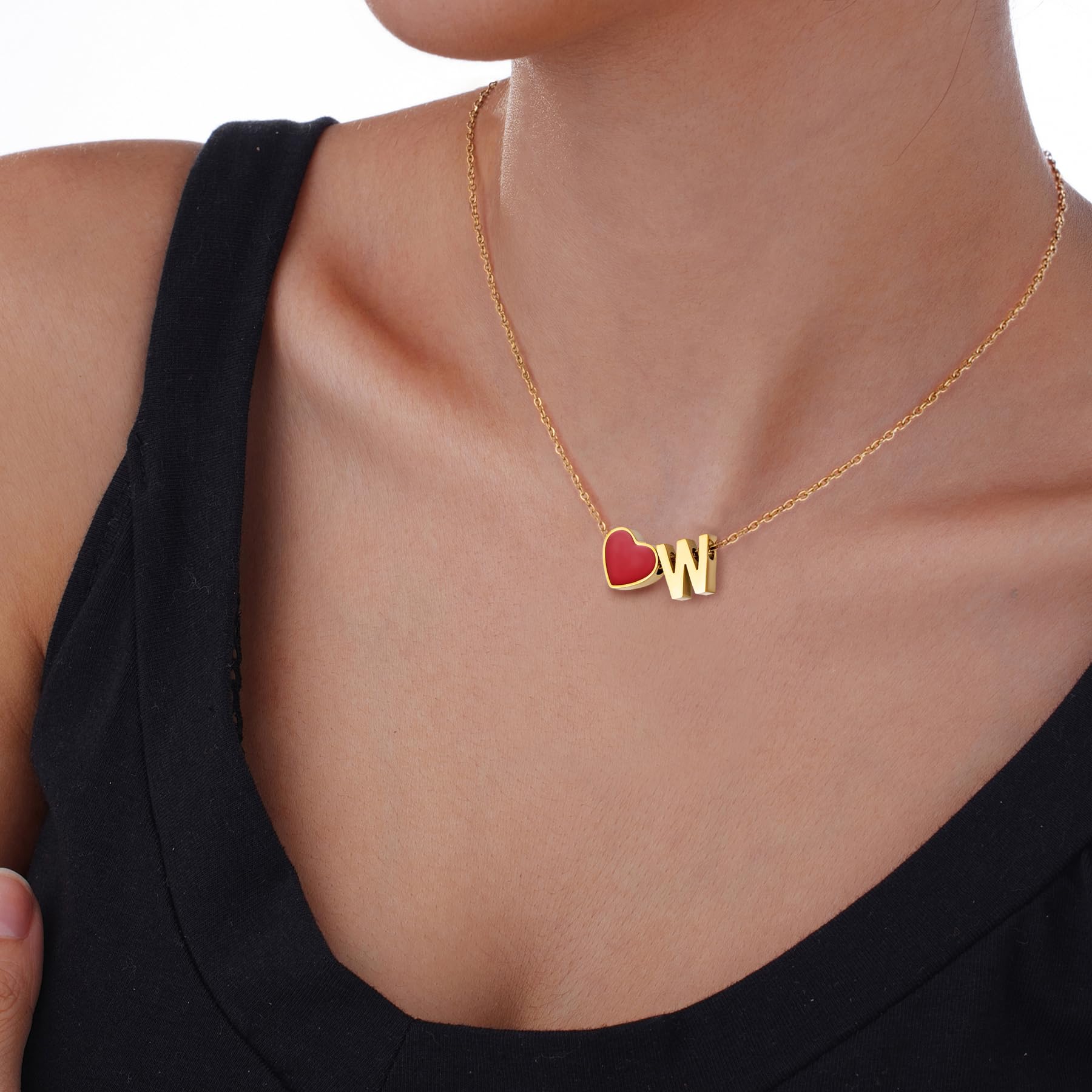 Initial Heart Necklace for Women, Custom Letter A-Z Pendant with Red Enamel Hear