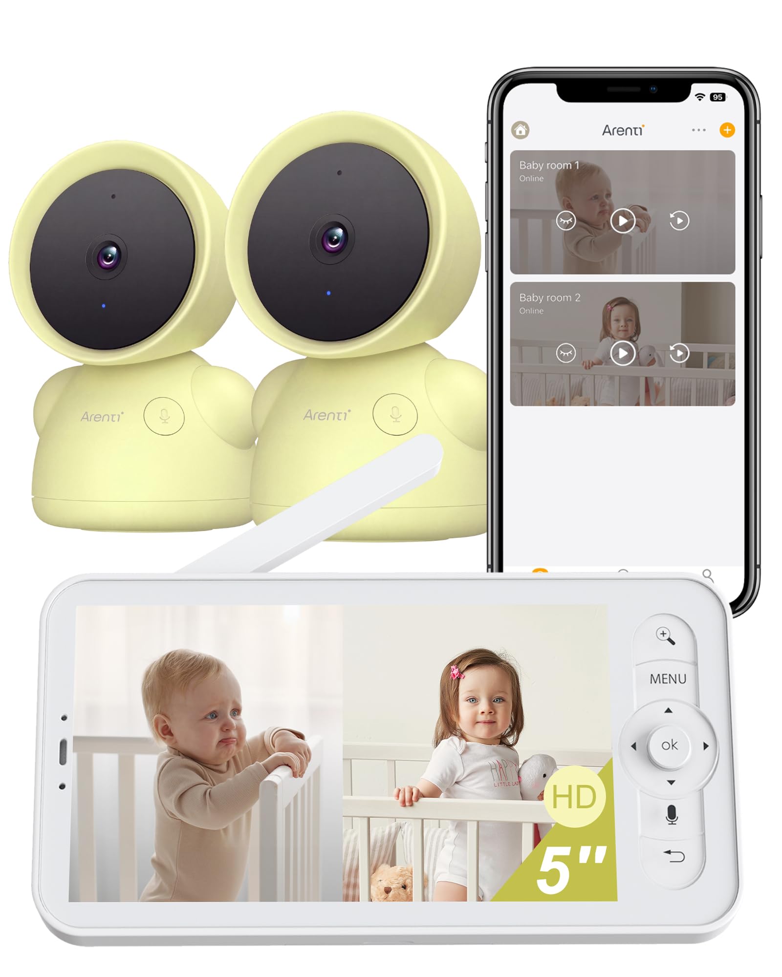 ARENTI Baby Monitor with 2 Cameras, 2K/3MP WiFi 6 Camera and Audio, 5-inch Wirel