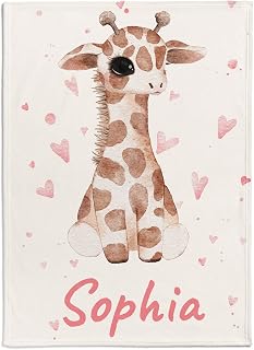 Personalised Baby Blanket with Baby Giraffe and Small Hearts, Choice of Name and Design Colour