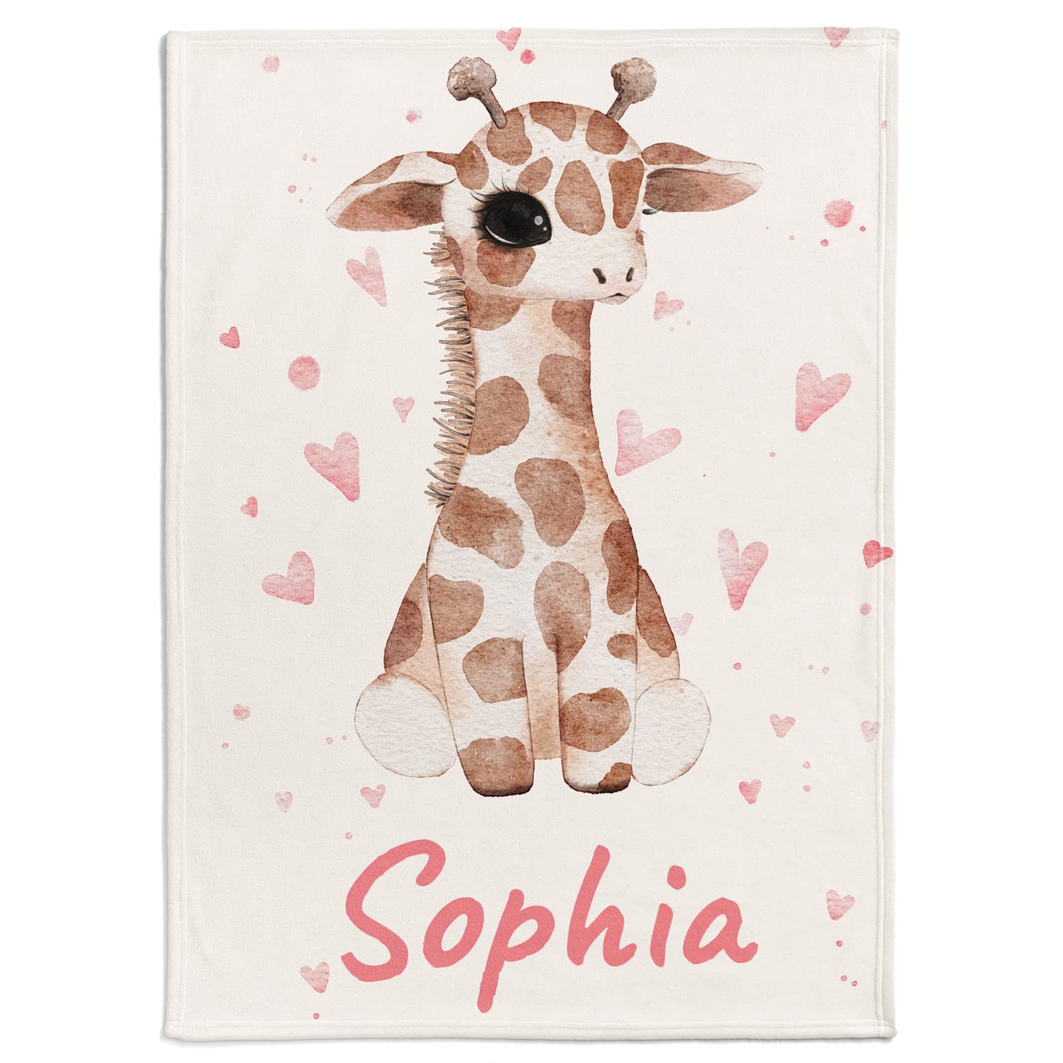 Personalised Baby Blanket with Baby Giraffe and Small Hearts, Choice of Name and