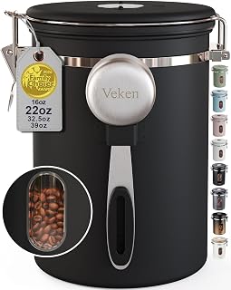 Veken Coffee Canister with Window, Airtight Stainless Steel Container, 22OZ | Kitchen Food Storage Pantry Organizers for Beans,Ground,Espresso,Rice,Tea,Sugar,Bar Accessories,Gifts,Lids,Jars, Scoop, Black