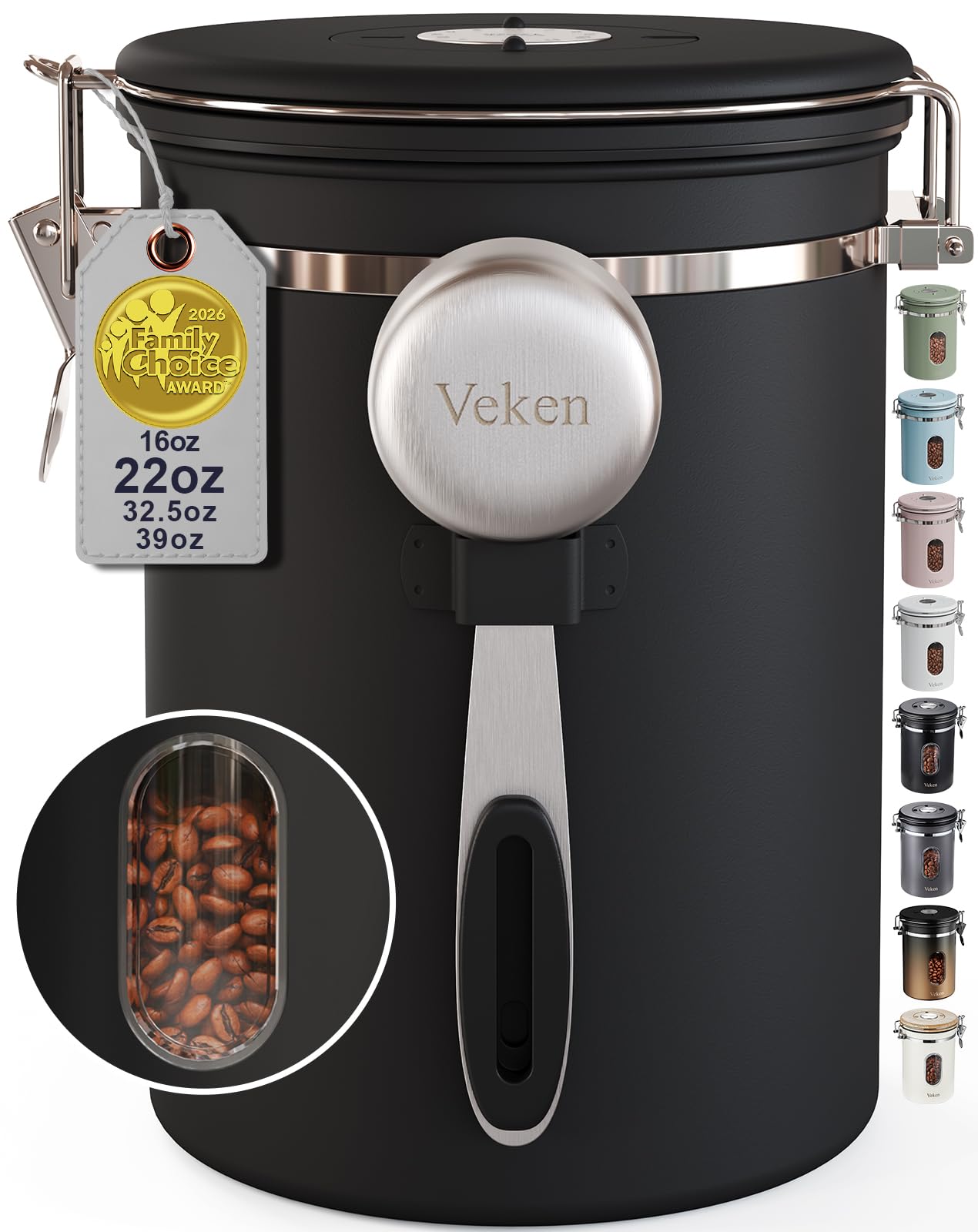 Veken Coffee Canister with Window, Airtight Stainless Steel Container, 22OZ | Ki