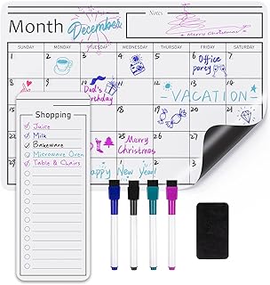 Amazon Basics Magnetic Dry Erase Whiteboard Calendar for Fridge, Easy to Clean, Schedule Organizer, 12" x 17", Includes 4 Markers and Eraser