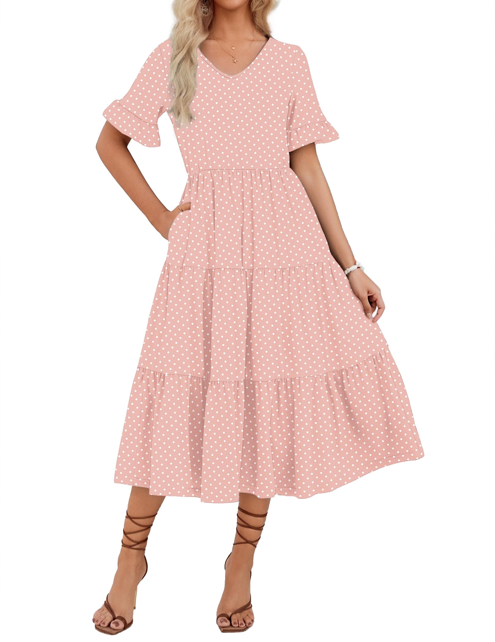 Zeagoo Women Summer Midi Dress Ruffle V Neck Floral Flowy Beach Dress Flowy Beac