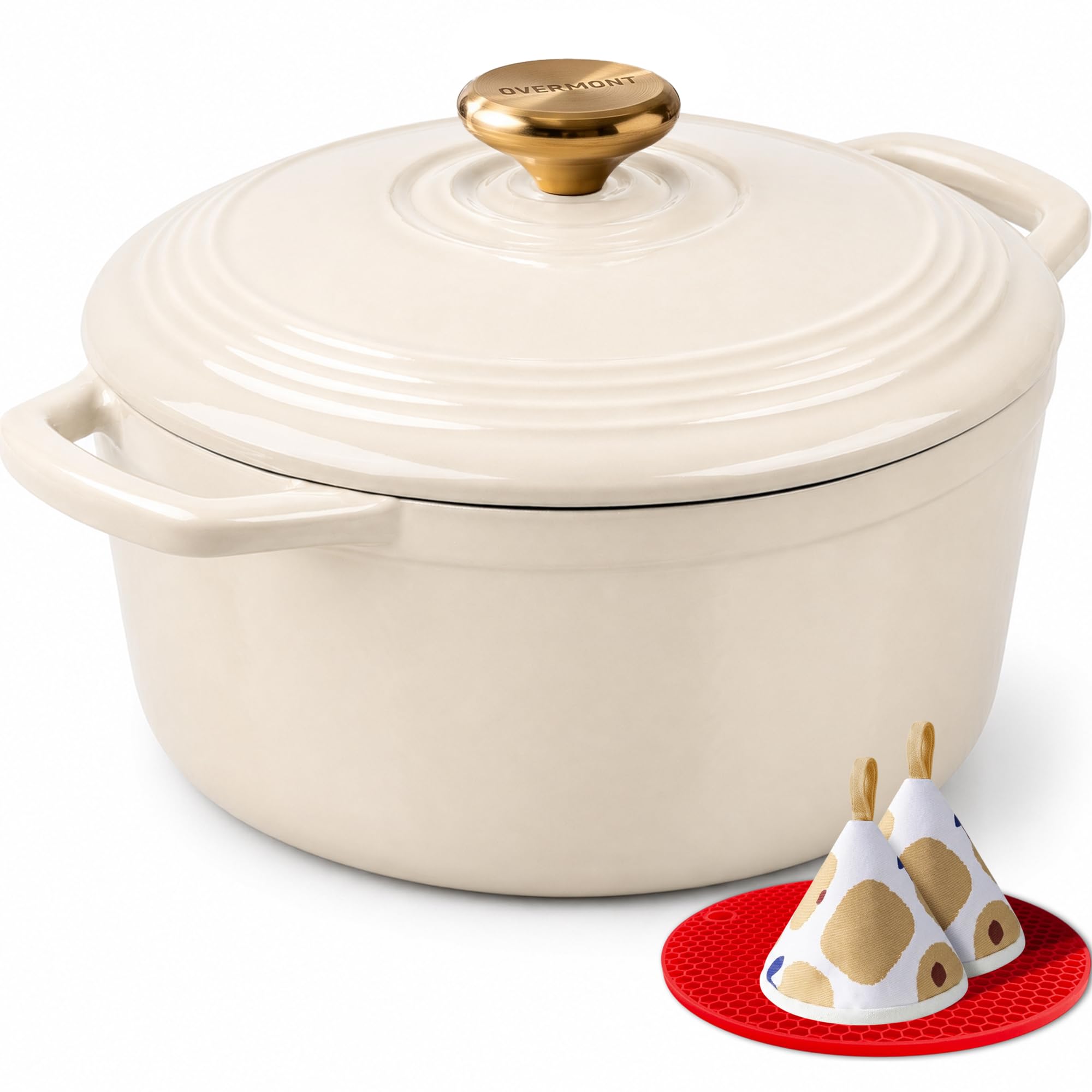 Overmont Enameled Cast Iron Dutch Oven - 5.5QT Pot with Lid Cookbook & Cotton Po