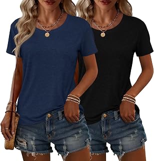 KILISU 2枚 レディース 半袖 Tシャツ クルーネック 無地 ソフト ベーシック Tシャツ カジュアル ルーズフィット 軽量 サマートップス 服 2026