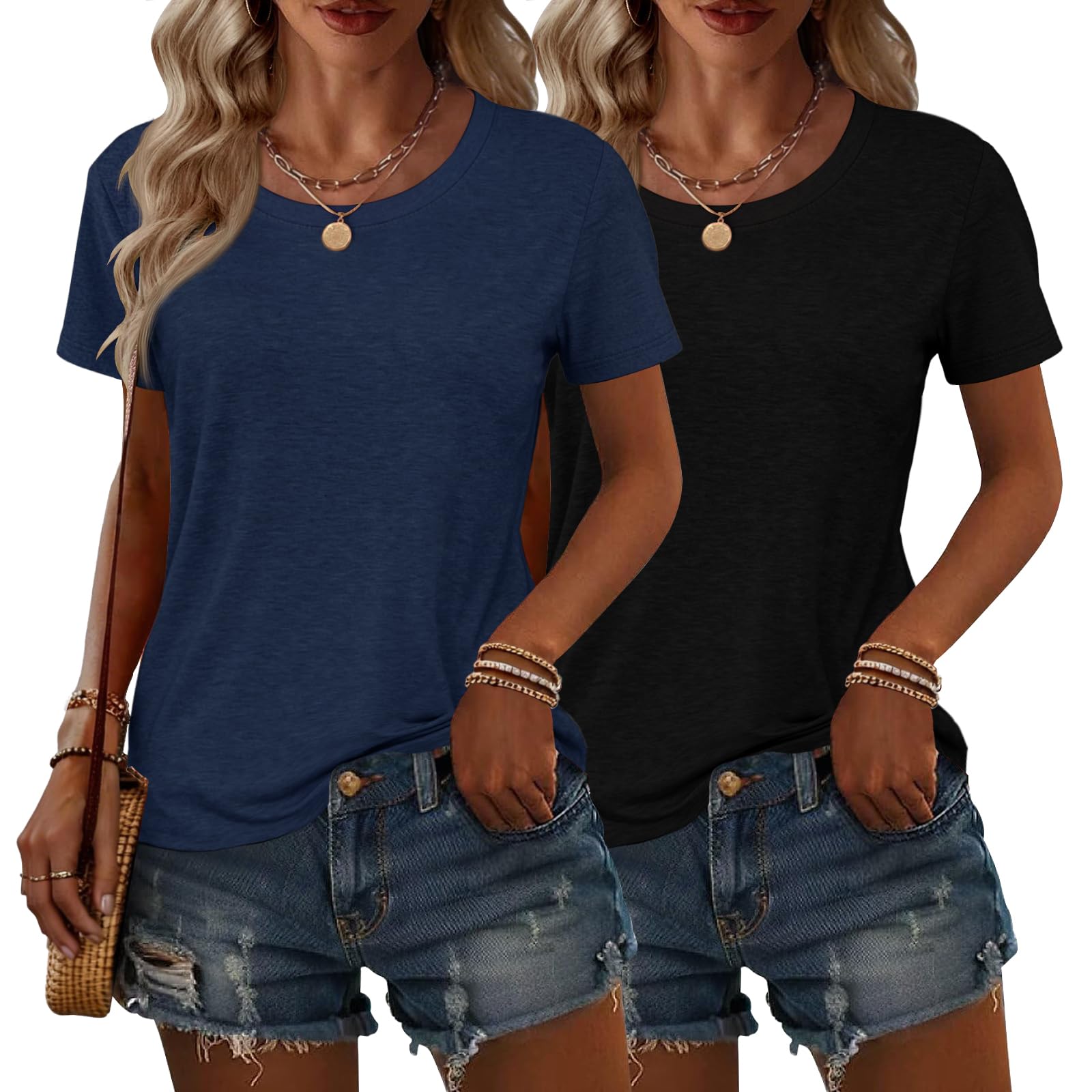 KILISU 2枚 レディース 半袖 Tシャツ クルーネック 無地 ソフト ベーシック Tシャツ カジュアル ルーズフィット 軽量 サマートップス 服 2026