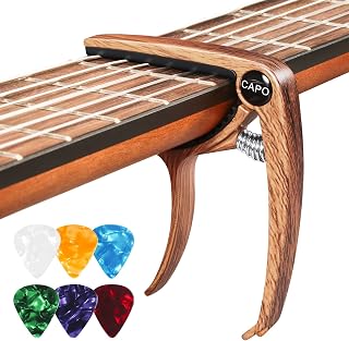 Guitar Capo for Acoustic, Electric, Ukulele - Metal Wood Capo with 6 Picks | Capodasta guitar for ukulele western guitar, electric guitar