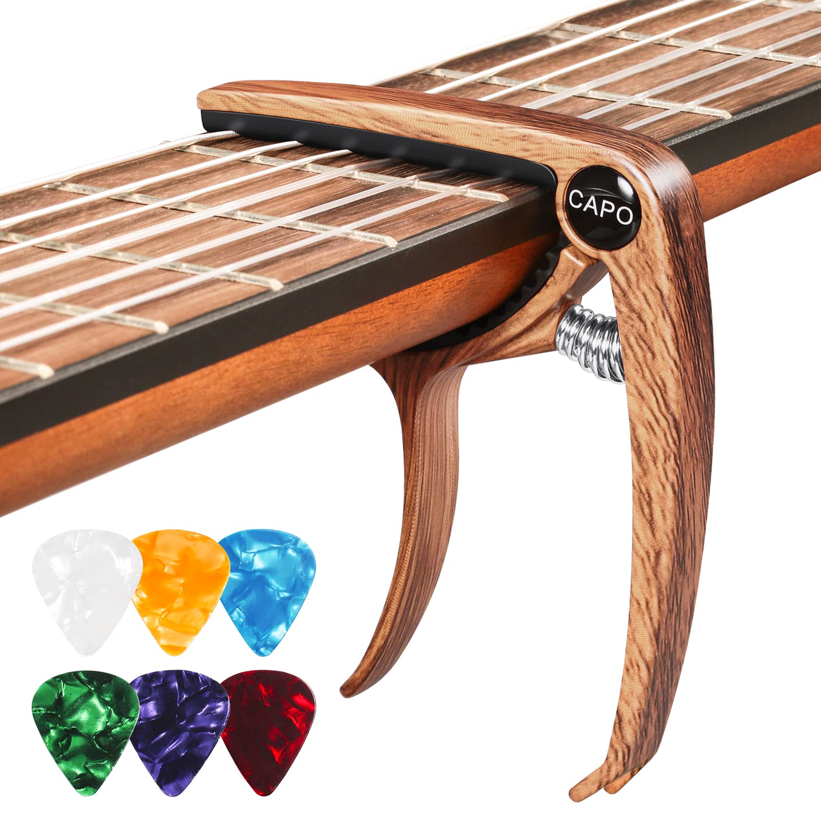 Guitar Capo for Acoustic, Electric, Ukulele - Metal Wood Capo with 6 Picks | Cap