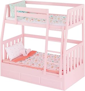 Our Generation Doll Bunk Bed, Dreams for Two, Pink Butterfly Bedding, Large | 18-inch doll furniture set with bunk bed, 2 mattresses, 2 blankets, 4 pillows, built-in ladder, reversible bedding, 3+ Years