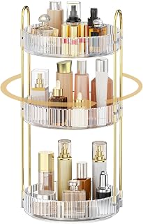 MOKANI 360 Rotating Makeup Organiser, 3 Tiers Spinning Skincare Organiser | Multi-Function Make Up Storage, Large Capacity Cosmetic Perfume Stand for Vanity, Bathroom and Bedroom, Clear