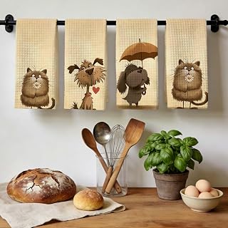 Cute Kitty Umbrella Printed Kitchen Towel, Absorbent Soft Tea Hand Towel, Retro Dog Flower Dish Cloth for Kitchen, Bathroom, Home, Pet Gift 4pcs