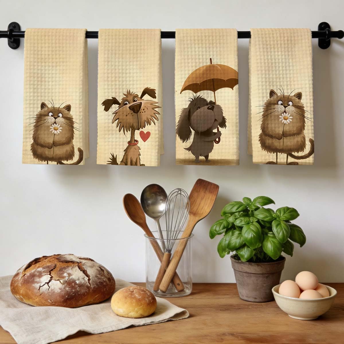 Cute Kitty Umbrella Printed Kitchen Towel, Absorbent Soft Tea Hand Towel, Retro 