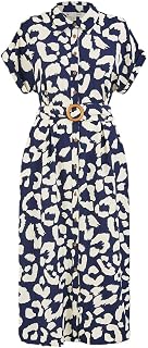 Yumi Vestido camisero midi relajado con estampado animal abstracto azul marino con cinturón