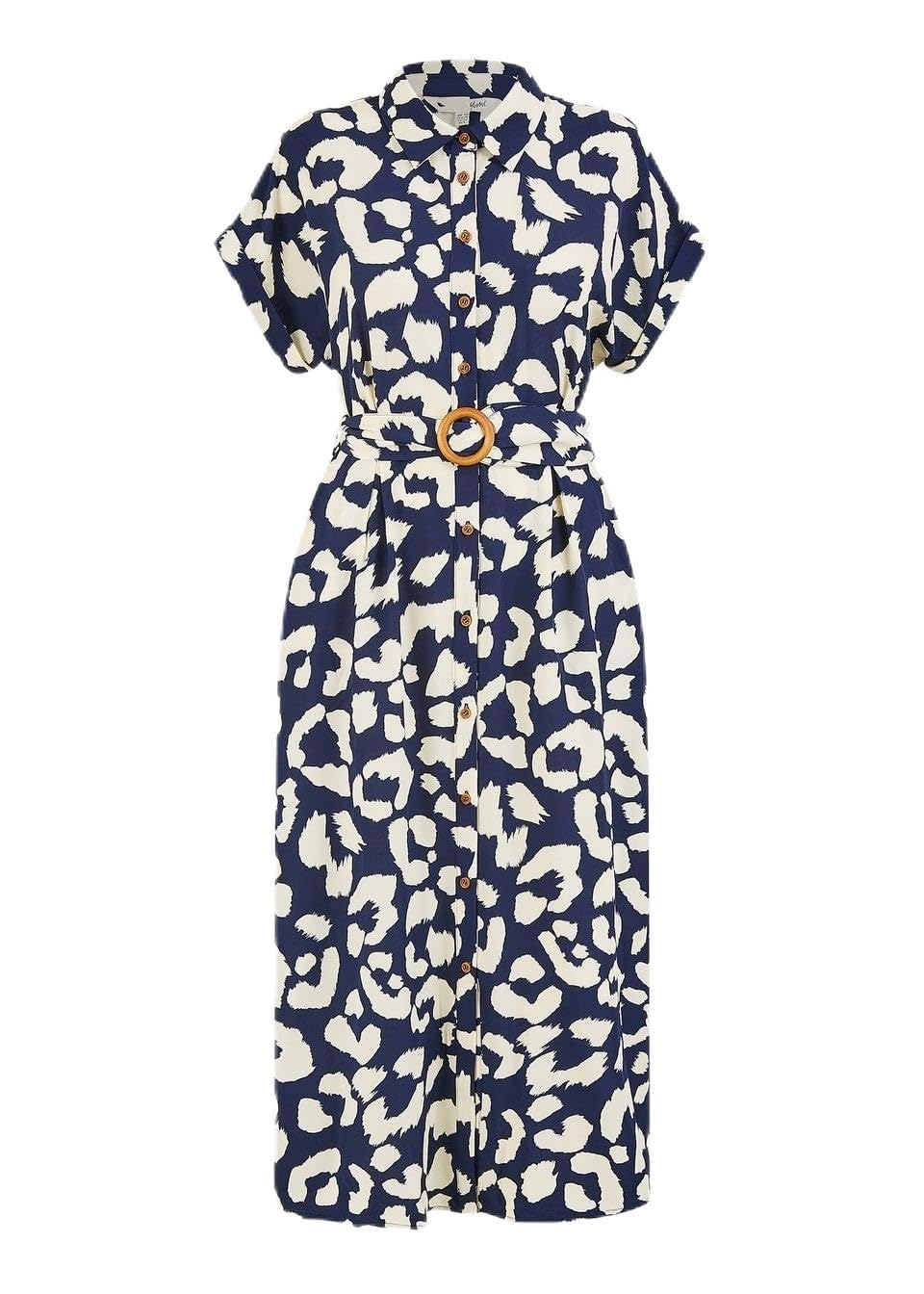 Yumi Vestido camisero midi relajado con estampado animal abstracto azul marino c