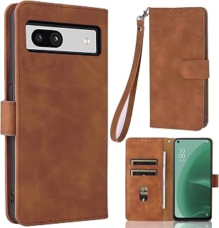Slip-Resistant Synthetic Leather Stand with Strap Hole and Strap, Window-Style Card Slot, Magnetic Wallet Case, Card Case, Matte, Calm Color, Brown, Pouch Case for Google Pixel 7a, Compatible
