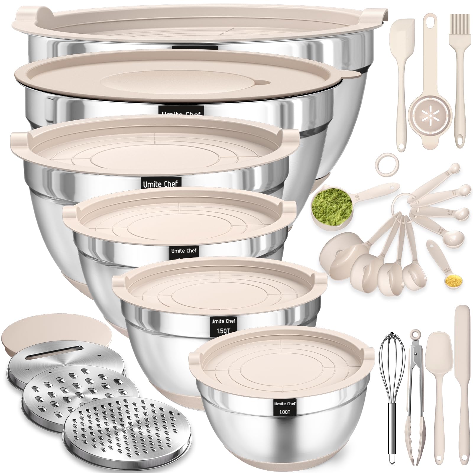 Mixing Bowls with Airtight Lids Set, 26PCS Stainless Steel Khaki Bowls with Grat