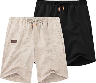Coofandy Pantalones Cortos Casuales de Lino para Hombre, Cintura elástica, cordón, Ajuste Holgado, Verano, Playa, Vacaciones, Pantalones Cortos con Bolsillos
