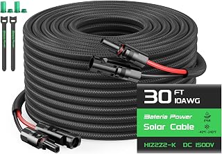 Bateria Power 10AWG 30FT Solar Panel Extension Cable, Flame Retardant Protective Sleeving Twin Wire 10 Gauge Solar Cable with IP68 Female & Male Waterproof Connectors, Dust Caps for Home, RV
