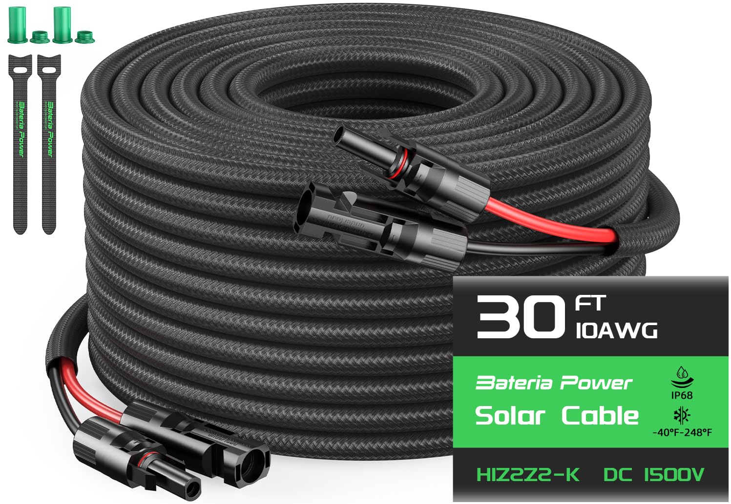 Bateria Power 10AWG 30FT Solar Panel Extension Cable, Flame Retardant Protective