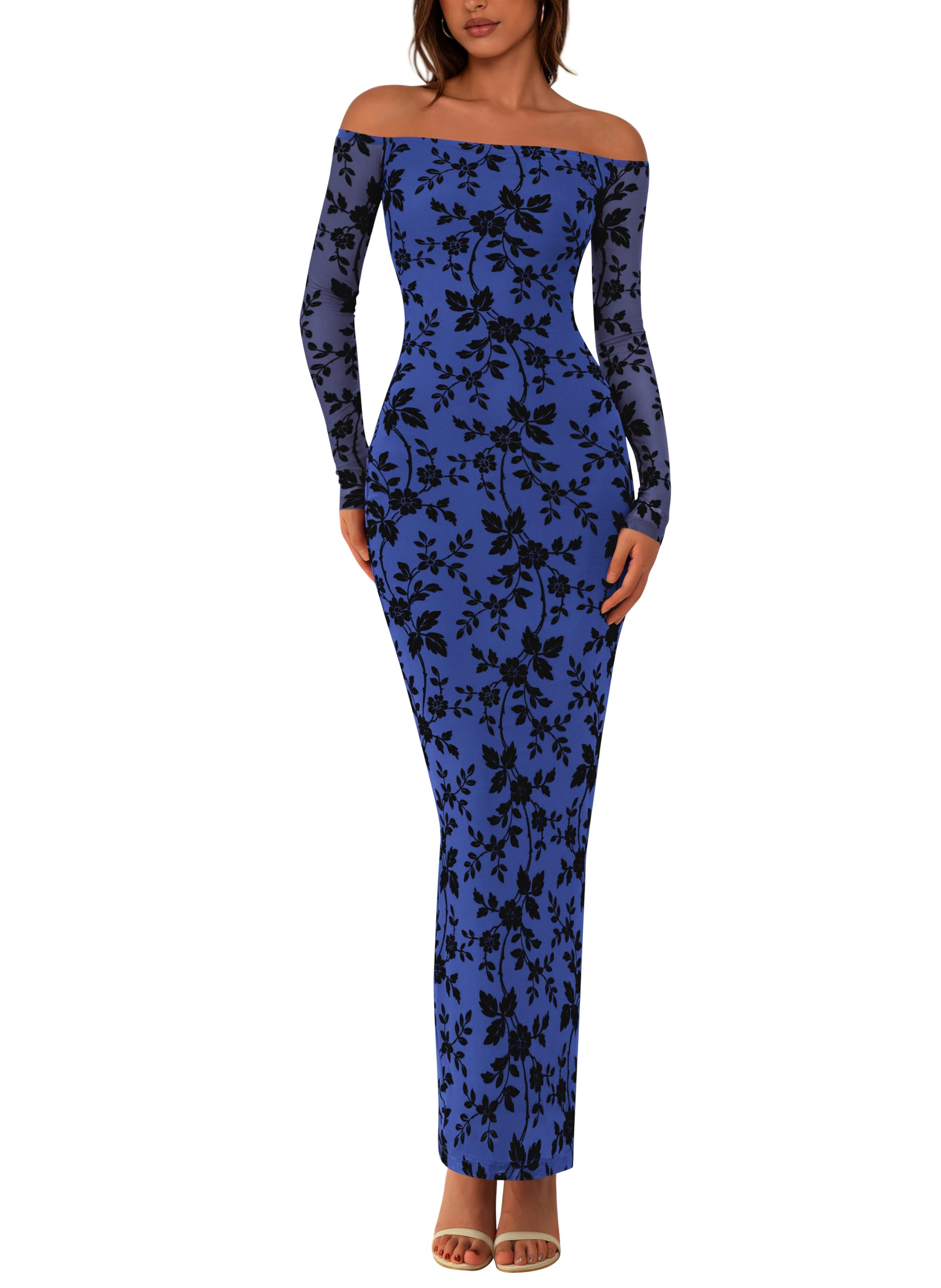 PRETTYGARDEN Abito da donna con spalle scoperte floreale maxi aderente autunnale