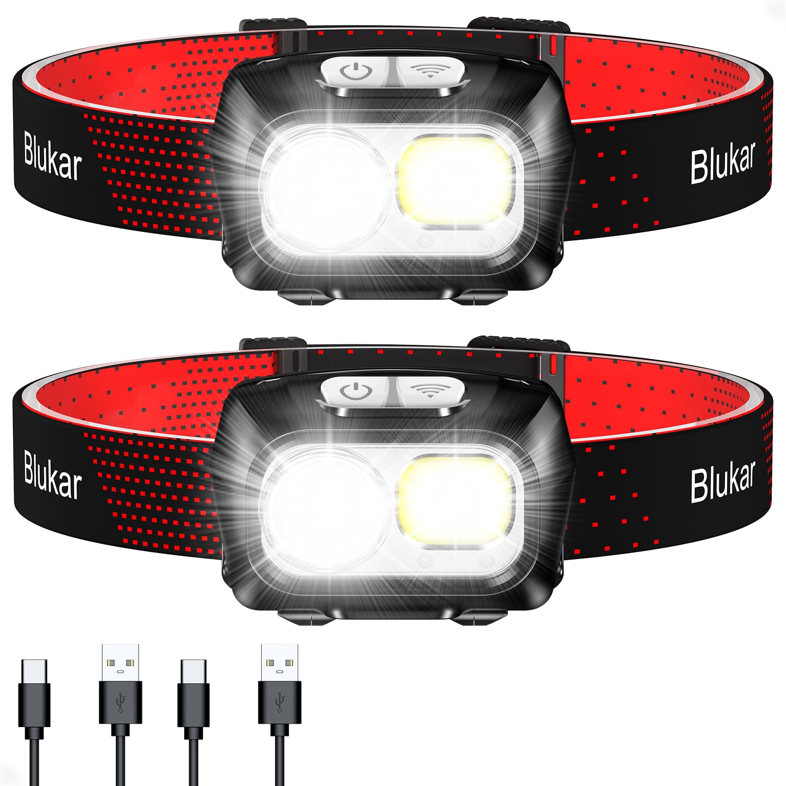 Blukar 2 x LED Headlamp 2000 Lumen Front Light with Sensor | 8 Modes, Super Brig