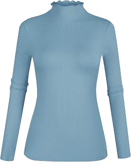 POPZONE Womens Long Sleeve Mock Hem Fitted Ribbed Hem Top