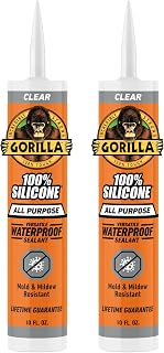 Gorilla 100% Silicone Waterproof Caulk, Clear, 10 oz Cartridge, 2-Pack | Mold and Mildew Resistant, Flexible All-Purpose Sealant, Fast Curing in 30 Minutes, Indoor & Outdoor Use