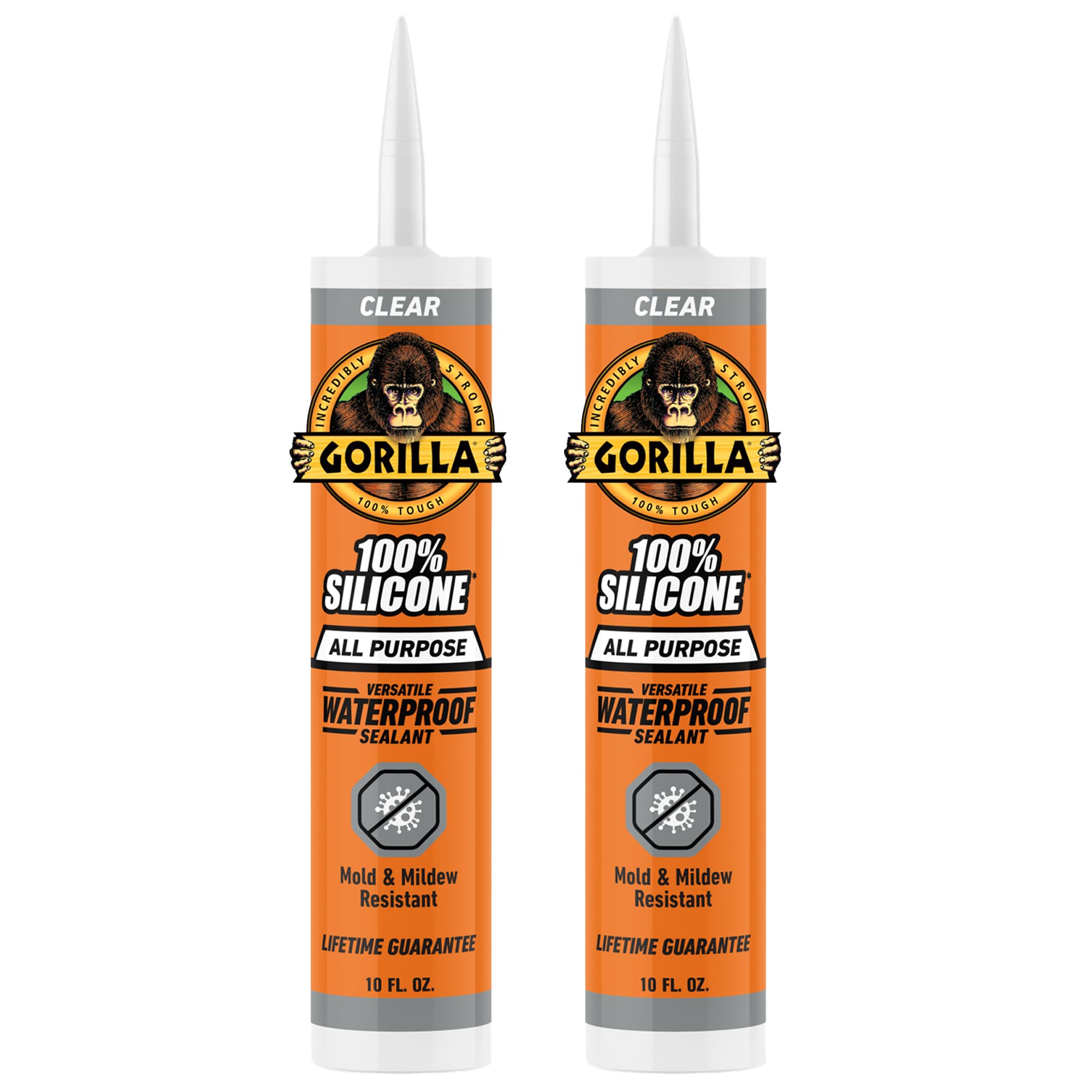 Gorilla 100% Silicone Waterproof Caulk, Clear, 10 oz Cartridge, 2-Pack | Mold an