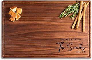 Personalized Cutting Board with Display Stand, Engraved Gift for Couples | First Names, Family Name And Est. Year Engraved In Wood; Juice Groove And Display Stand; For Weddings And Housewarmings