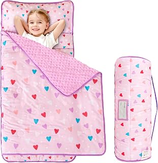 Viviland Toddler Kid Nap Mat for Preschool, Girls Heart Slumber Bag, Purple Daycare Mats with Pillow and Blanket, Kindergarten Mat