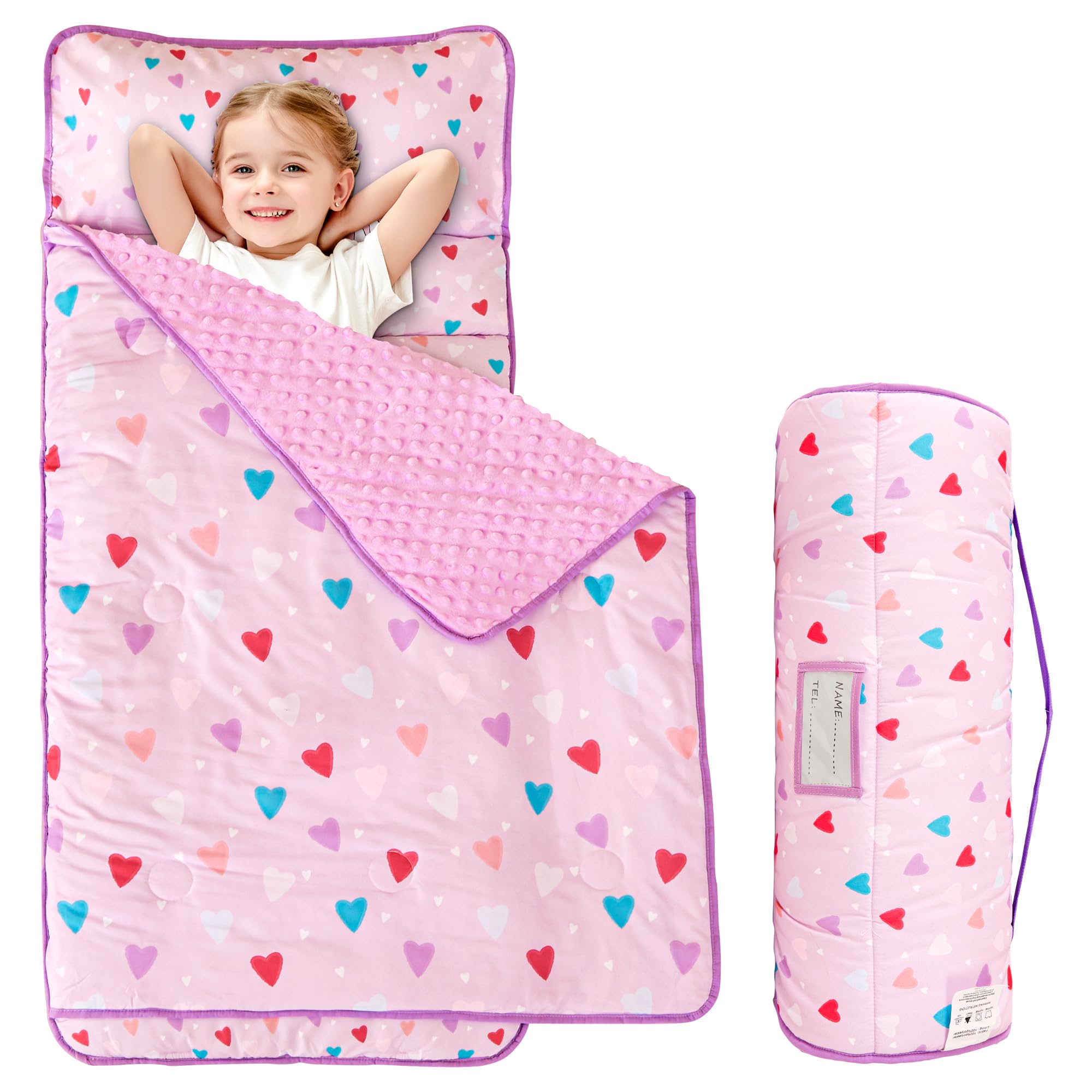 Viviland Toddler Kid Nap Mat for Preschool, Girls Heart Slumber Bag, Purple Dayc
