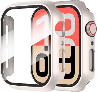 Diruite Screen Protector for Apple Watch SE 3/2/1/Series 6 5 4 40mm Case | 2Pcs All Around Ultra-Thin Hard PC Case with 9H HD Tempered Glass,High Sensitivity,Scratch Resistant,Starlight Silver,40mm