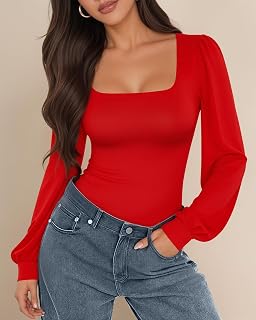 Women's Square Neck Long Sleeve Puff Balloons Bodysuit